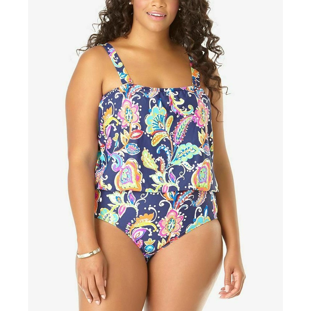 Anne Cole Paisley Pom Blouson Bandeau Banded One-Piece Swimsuit US 20W